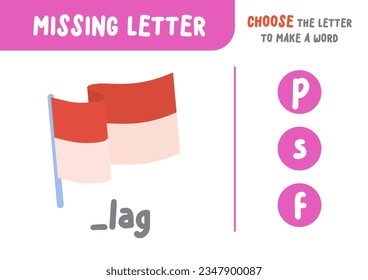 Missing letter (flag), the alphabet letter vocabulary game for kid. choose a letter to make the word. illustration cartoon vector design on white background. kid and study game concept.