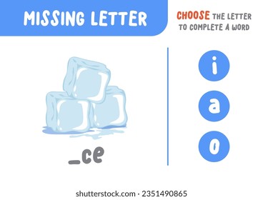 Missing letter (ice), the alphabet letter vocabulary game for kid. choose a letter to make the word. illustration cartoon vector design on white background. kid and study game concept.