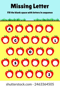 missing letter kindergarten activity with apple illustration. printable games education for kids. missing letter. fill blank space. education for preschool or elementary school. complete alphabet