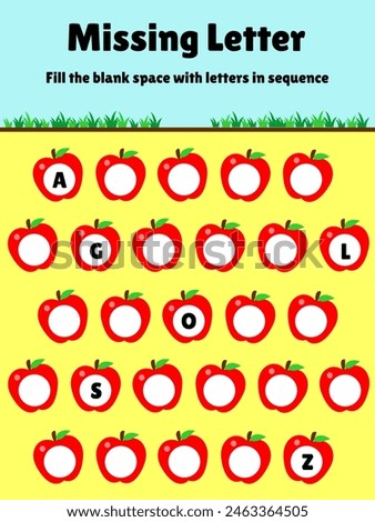 missing letter kindergarten activity with apple illustration. printable games education for kids. missing letter. fill blank space. education for preschool or elementary school. complete alphabet