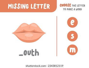 Missing letter (mouth), the alphabet letter vocabulary game for kid. choose a letter to make the word. illustration cartoon character vector design on white background. kid and study game concept.