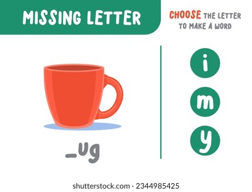 Missing letter (mug), the alphabet letter vocabulary game for kid. choose a letter to make the word. illustration cartoon vector design on white background. kid and study game concept.