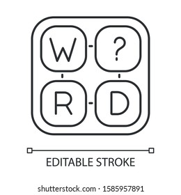 Missing letter puzzle linear icon. Word game. Mental exercise. Language, vocabulary test. Brain teaser. Thin line illustration. Contour symbol. Vector isolated outline drawing. Editable stroke