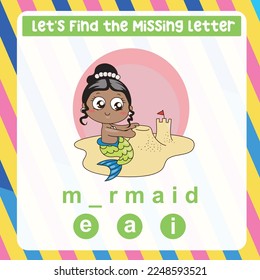 Missing letter worksheet. Complete the letters activity. Kids educational game. Writing practice. Vector file.