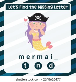 Missing letter worksheet. Complete the letters activity. Kids educational game. Writing practice. Vector file.