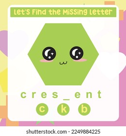 Missing letter worksheet. Complete the letters for shape name in English. Kids educational game. Printable worksheet for preschool. Writing practice. Vector file.