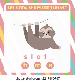 Falta la hoja de cálculo de letras. Complete las letras para los nombres de animales en inglés. Juego educativo para niños. Hoja de cálculo imprimible para preescolar. Práctica de escritura. Archivo vector.