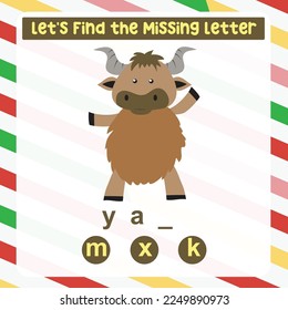 Missing letter worksheet. Complete the letters for animal names in English. Kids educational game. Printable worksheet for preschool. Writing practice. Vector file.