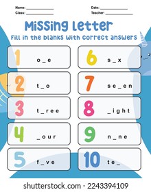 Missing letter worksheet. Complete the letter for number in English from 1-10. Kids educational game. Printable worksheet for preschool. Colorful writing practice page. Vector illustration file.