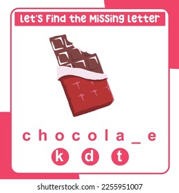 Missing letter worksheet for kids. Complete the letters for valentine things in English. Writing practice. Valentine theme. Vector illustrations file.