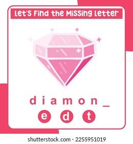 Missing letter worksheet for kids. Complete the letters for valentine things in English. Writing practice. Valentine theme. Vector illustrations file.