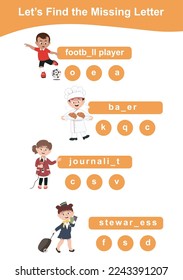 Falta una hoja de cálculo para los niños con el tema del sueño de profesión. Completar las profesiones de la hoja. Juego educativo para niños. Hoja de cálculo imprimible para preescolar. Página de práctica de escritura. Archivo vector.