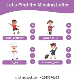 Missing letter worksheet for kids with kids profession dream theme. Complete the professions in the sheet. Kids educational game. Printable worksheet for preschool. Writing practice page. Vector file.