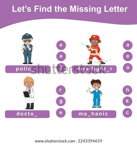 Missing letter worksheet for kids with kids profession dream theme. Complete the professions in the sheet. Kids educational game. Printable worksheet for preschool. Writing practice page. Vector file.