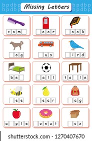 missing letters, Find the missing letters and write them in relevant places, Worksheet for children, Educational page for kids, dyslexia activities