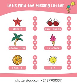 Missing letters worksheet. Complete the letters in English. Kids educational game. Printable worksheet for preschool. Writing practice. Vector file.