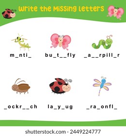 Missing letters worksheet. Complete the letters in English. Kids educational game. Printable worksheet for preschool. Writing practice. Vector file.
