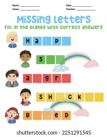 Missing letters worksheet. Complete the letters for feelings in English. Kids educational game. Printable worksheet for preschool. Writing practice. Vector file.