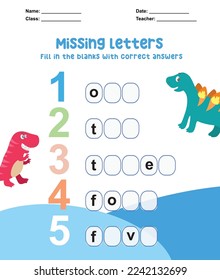 Missing letters worksheet. Complete the letters for number in English. Kids educational game. Printable worksheet for preschool. Writing practice. Vector file.