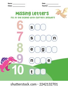 Missing letters worksheet. Complete the letters for number in English. Kids educational game. Printable worksheet for preschool. Writing practice. Vector file.