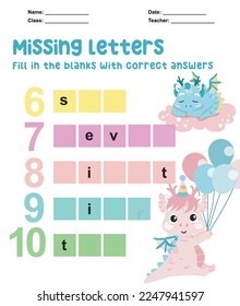Missing letters worksheet. Complete the letters for number in English. Kids educational game. Printable worksheet for preschool. Writing practice. Vector file.