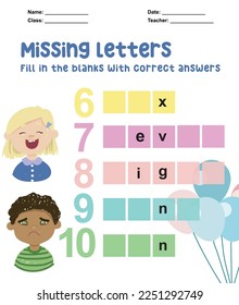 Missing letters worksheet. Complete the letters for number in English. Kids educational game. Printable worksheet for preschool. Writing practice. Vector file.
