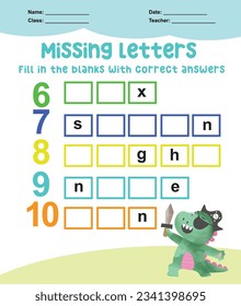 Missing letters worksheet. Complete the letters for number in English. Kids educational game. Printable worksheet for preschool. Writing practice. Vector file.