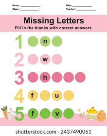 Missing letters worksheet. Complete the letters for number in English. Kids educational game. Printable worksheet for preschool. Writing practice. Vector file.