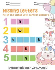 Missing letters worksheet. Complete the letters of the numbers in English. Kids educational game. Printable worksheet for preschool. Writing practice. Cute unicorn vector illustration file.