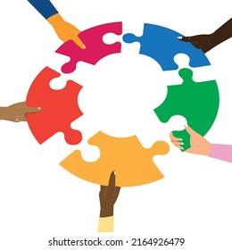 Missing Link.Arms Of Hands Of People Or Colleagues Of Diverse Culture Holding Jigsaw Puzzle Pieces That Connect.Problem Solving.Teamwork.Union.Collaborating.Strategy.Banner Copy Space