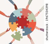 Missing link.Arms of hands of people or co-workers of diverse races holding jigsaw puzzle pieces that connect. Problem solving.Union and teamwork. Collaborating.Strategy.Match. Toy