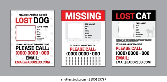 Missing Or Lost Pet Page Template Set With Dog And Cat Design