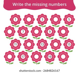 Missing number worksheet for kids with flowers, count and write numbers from 1 to 20, great for preschool math learning and early number practice.
