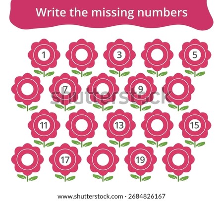 Missing number worksheet for kids with flowers, count and write numbers from 1 to 20, great for preschool math learning and early number practice.