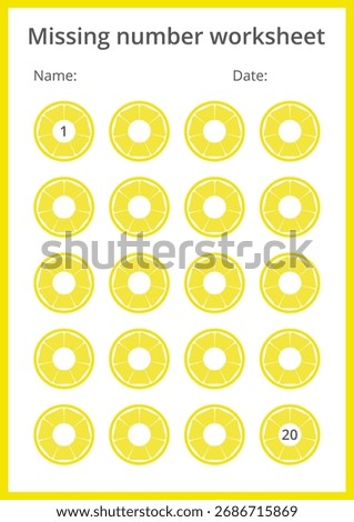 Missing number worksheet with lemons for kids, count and fill in numbers from 1 to 20, great for preschool math, number sequence training and fun educational activities. Vector illustration, A4 format