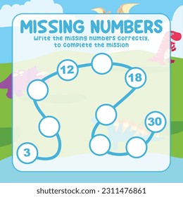 Missing number worksheet for preschool children. Write the missing numbers correctly. Educational printable math worksheet. Count and write activity. Counting practice with Dinosaurs cartoon character