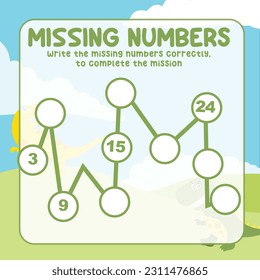 Missing number worksheet for preschool children. Write the missing numbers correctly. Educational printable math worksheet. Count and write activity. Counting practice with Dinosaurs cartoon character