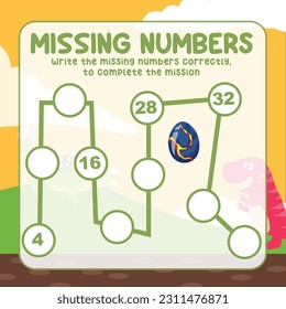 Missing number worksheet for preschool children. Write the missing numbers correctly. Educational printable math worksheet. Count and write activity. Counting practice with Dinosaurs cartoon character