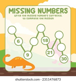 Missing number worksheet for preschool children. Write the missing numbers correctly. Educational printable math worksheet. Count and write activity. Counting practice with Dinosaurs cartoon character