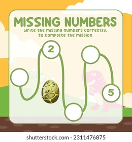 Missing number worksheet for preschool children. Write the missing numbers correctly. Educational printable math worksheet. Count and write activity. Counting practice with Dinosaurs cartoon character