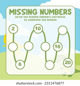 Missing number worksheet for preschool children. Write the missing numbers correctly. Educational printable math worksheet. Count and write activity. Counting practice with Dinosaurs cartoon character