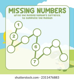 Missing number worksheet for preschool children. Write the missing numbers correctly. Educational printable math worksheet. Count and write activity. Counting practice with Dinosaurs cartoon character