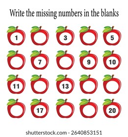 Missing number worksheet with red apples for kids, write numbers from 1 to 20, great for preschool math activities, number sequencing and early learning practice at home or school. 4