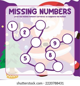 Fehlende Zahlen Mathe-Arbeitsblatt für Kinder Weihnachtsausgabe. Schreiben Sie die Antwort richtig. pädagogisches, druckbares Mathematik-Arbeitsblatt. Zähnepraxis. Vektordatei.