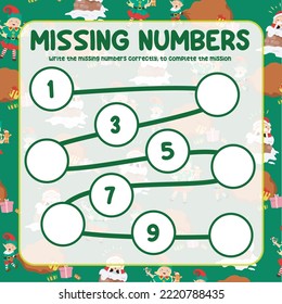 Missing numbers math worksheet for kids Christmas edition. Write the answer correctly. Educational printable math worksheet. Counting practice. Vector file.