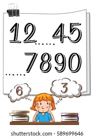 Missing numbers on paper and girl thinking illustration