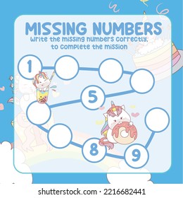 Missing numbers with Unicorn. Write the answer correctly. Educational printable math worksheet. Counting practice. Vector file.