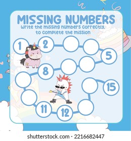 Missing numbers with Unicorn. Write the answer correctly. Educational printable math worksheet. Counting practice. Vector file.