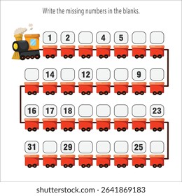 Missing numbers worksheet for children. Fill in the Missing Number 1 to 31. Counting Game for Preschool Children. Math Activities for Kids.