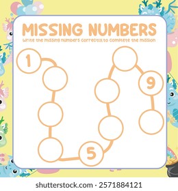 Missing numbers worksheet. Write the answer correctly. Educational printable math worksheet. Counting practice. Learning about number